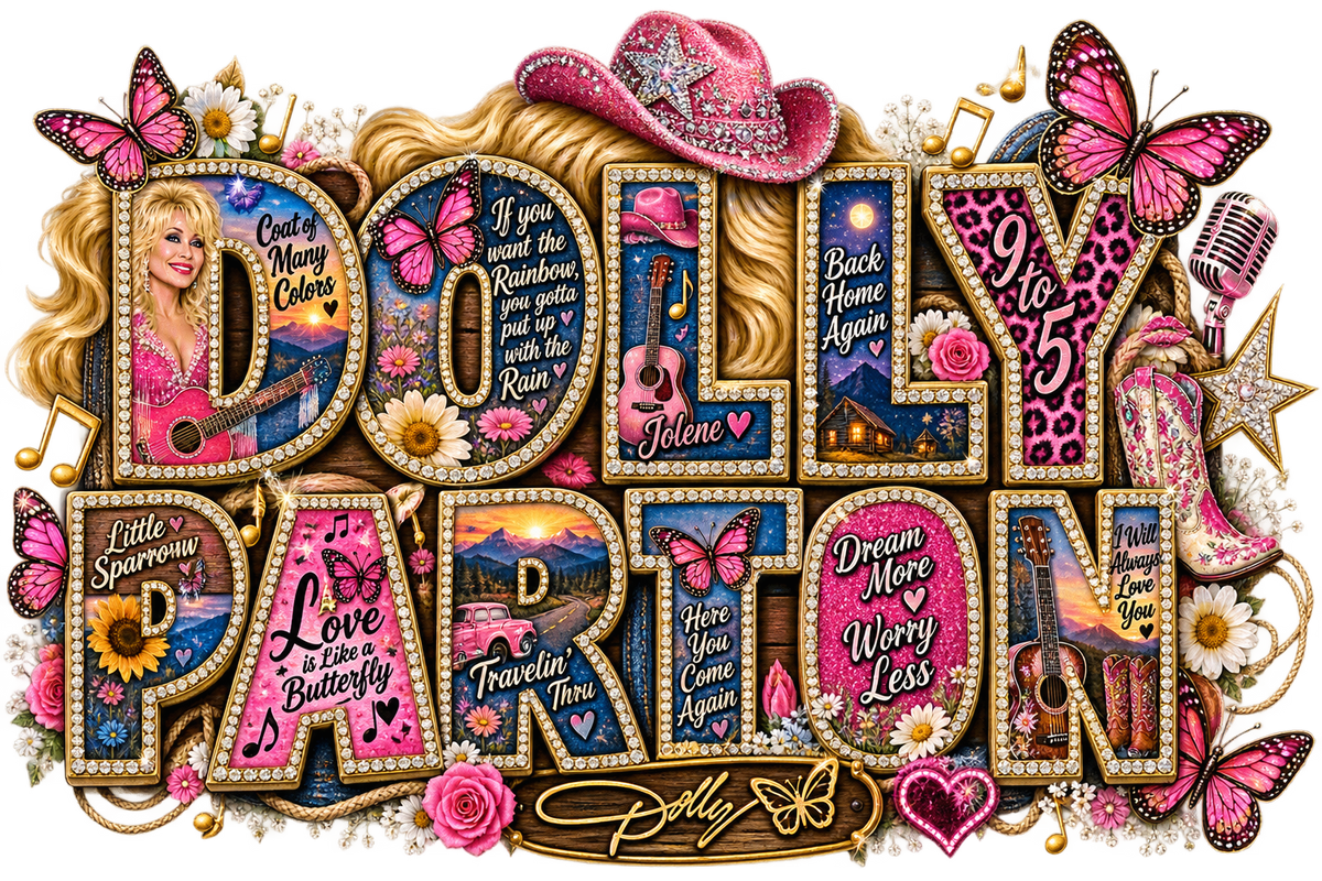 Dolly Parton Memorial Songs Lyrics DTF ready to press iron on transfer for clothing t-shirts and hoodies