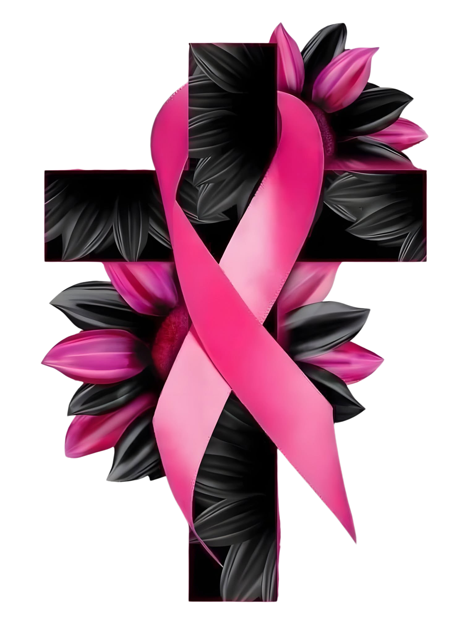 Breast Cancer Awareness Cross Ribbon with Flowers DTF ready to press iron on transfer for clothing t-shirts and hoodies