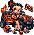 Bengals Football Cheerleader Betty Boop with Team Car DTF ready to press iron on transfer for clothing t-shirts and hoodies