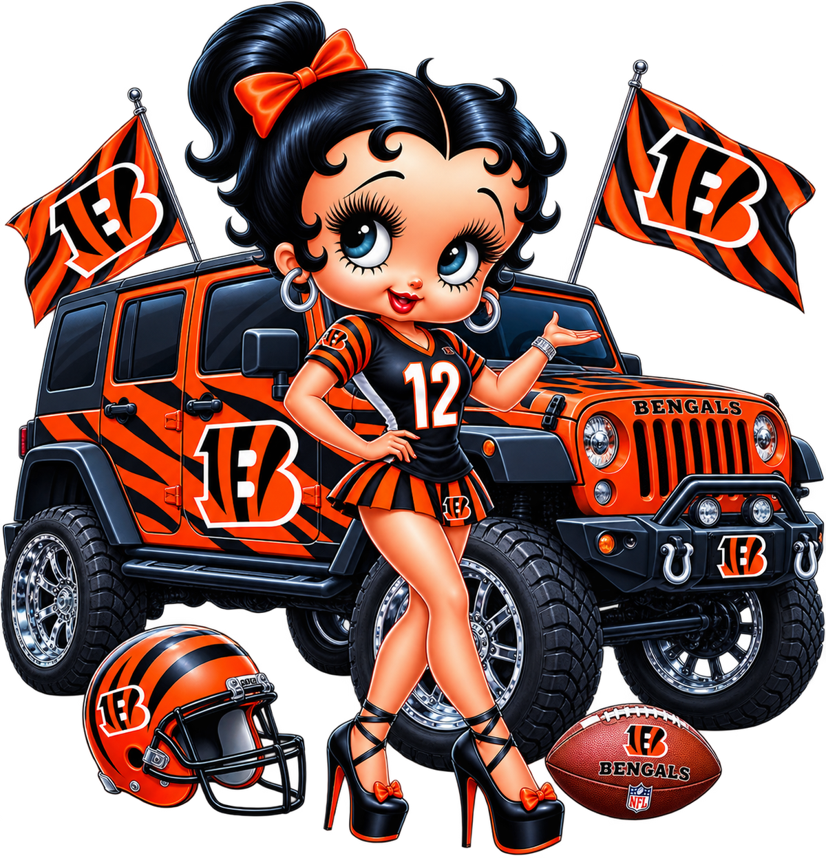Bengals Football Cheerleader Betty Boop with Team Car DTF ready to press iron on transfer for clothing t-shirts and hoodies