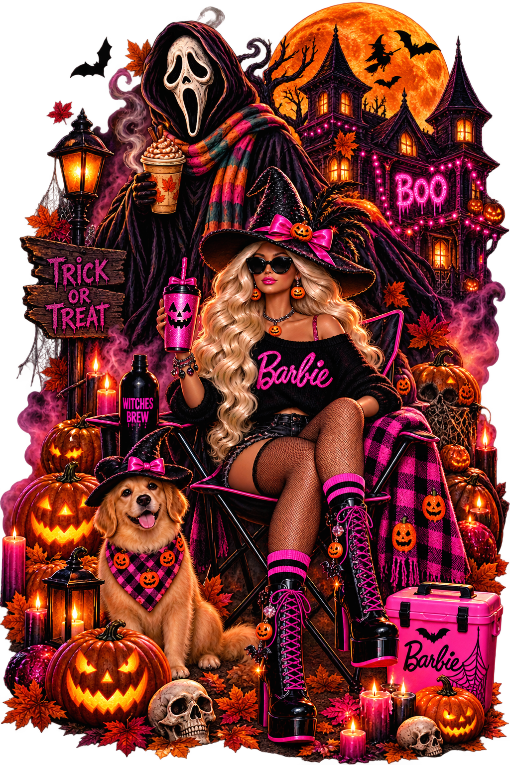 Barbie and Ghostface Halloween DTF ready to press iron on transfer for clothing t-shirts and hoodies