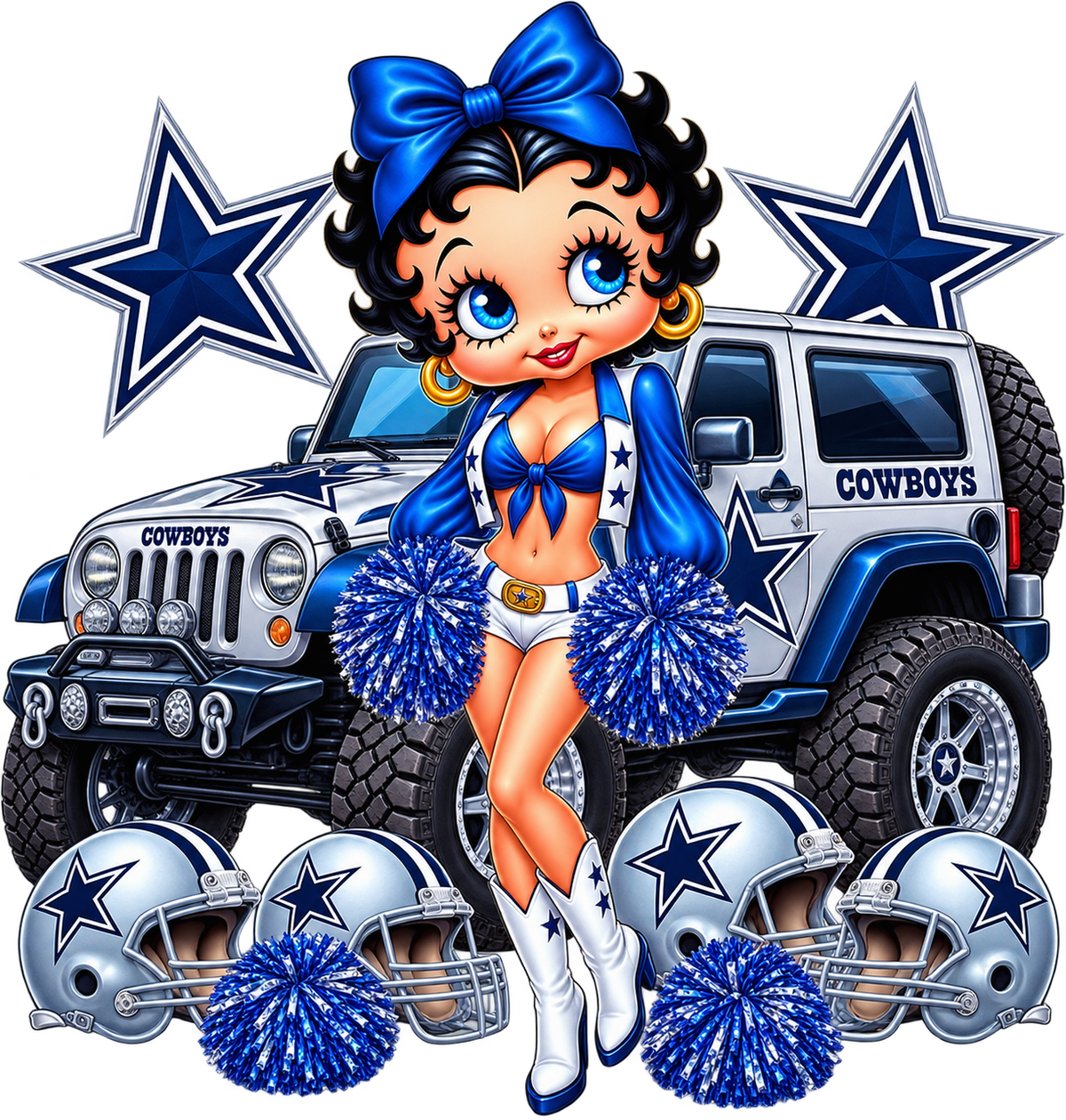 Dallas Cowboys Football Cheerleader Betty Boop with Team Car DTF ready to press iron on transfer for clothing t-shirts and hoodies