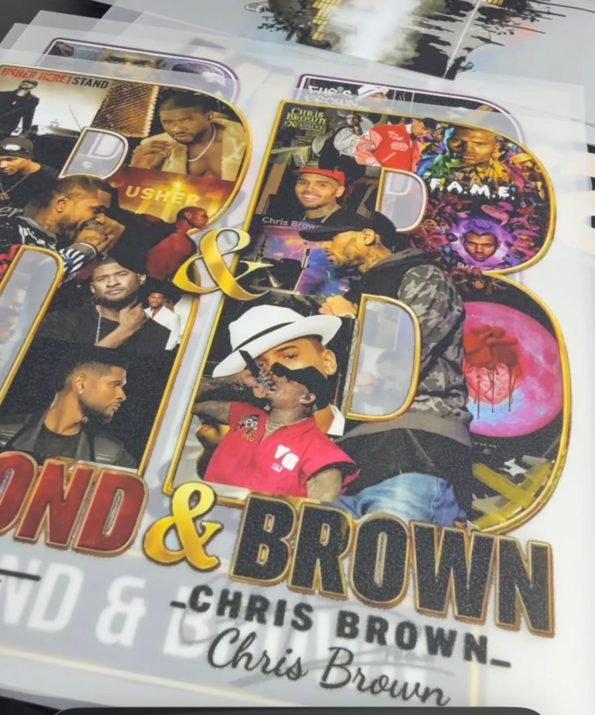 Usher and Chris brown R&B tour gold and black DTF iron on transfer for clothing t-shirts and hoodies concert