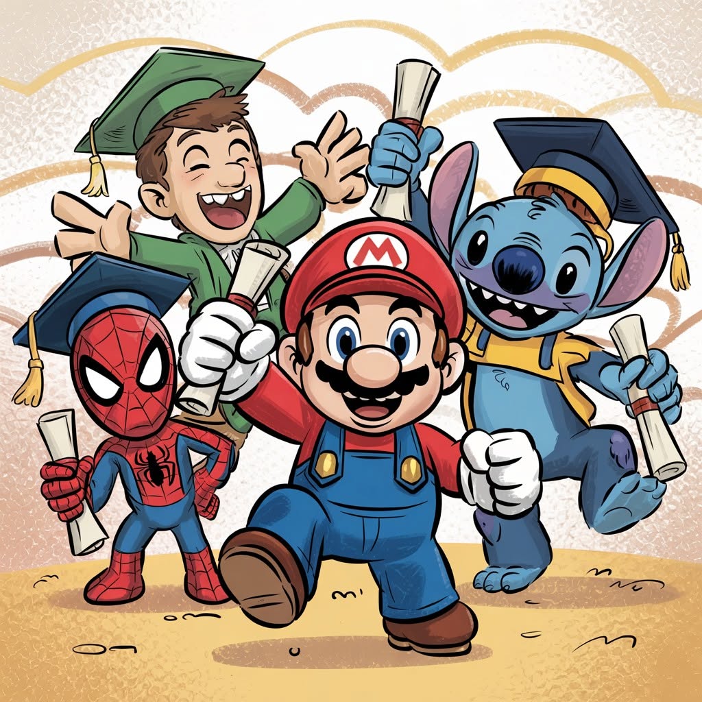 Kids Graduation Stitch, Mario, Spiderman DTF ready to press iron on transfer for clothing t-shirts and hoodies
