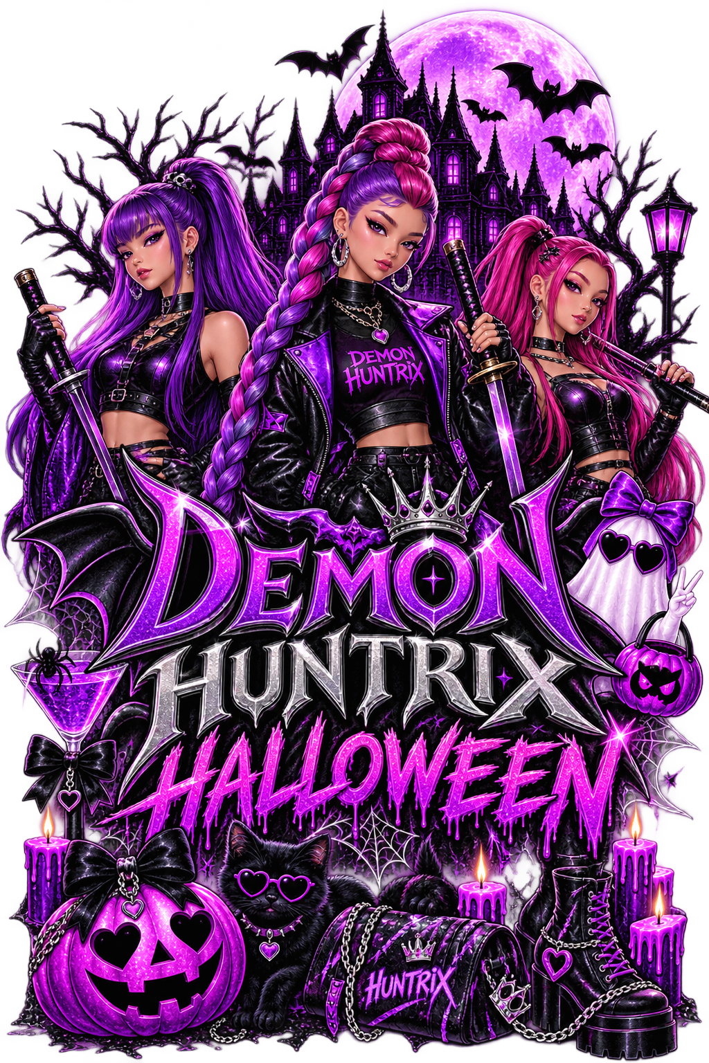 Demon Huntrix Halloween DTF ready to press iron on transfer for clothing t-shirts and hoodies