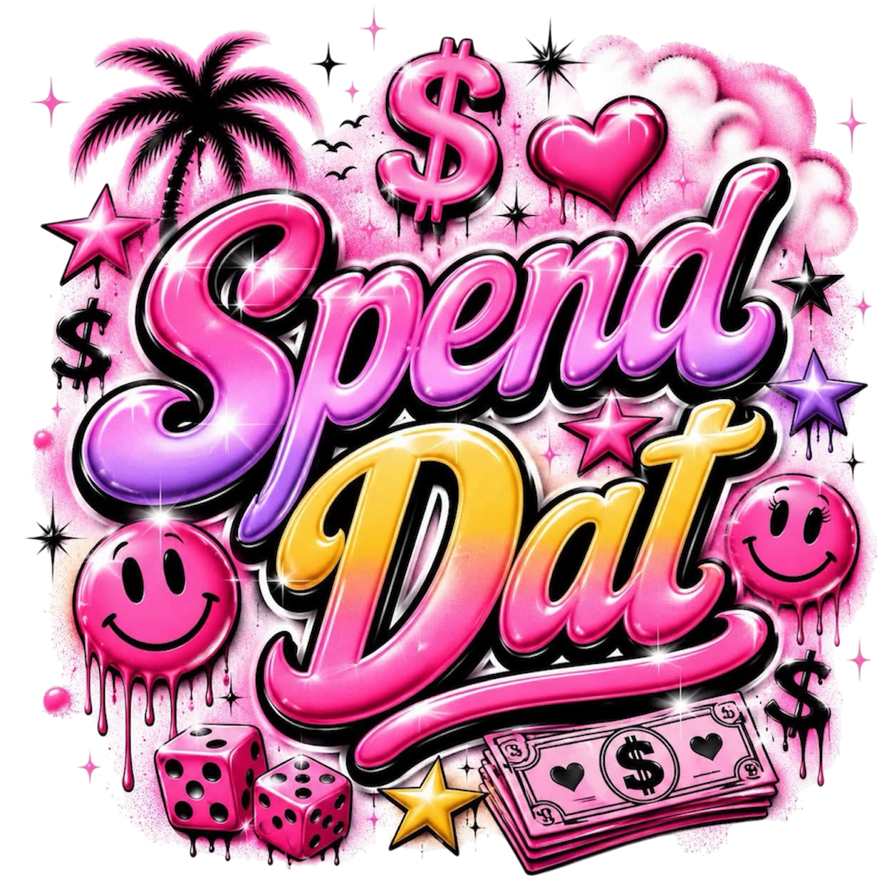 SPEND DAT pink smiley DTF ready to press iron on transfer for clothing t-shirts and hoodies