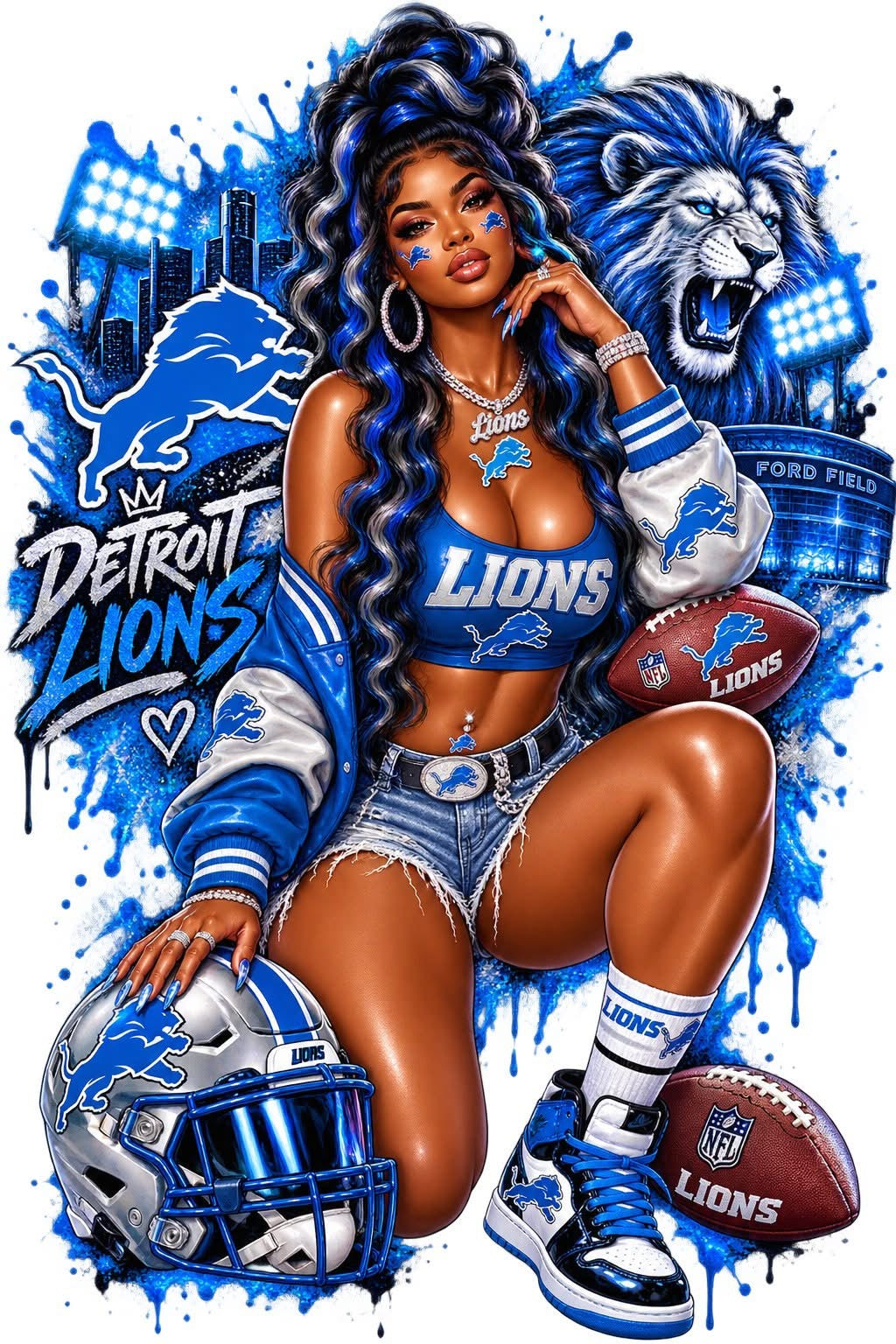 Detroit Lions Girl Football DTF ready to press iron on transfer for clothing t-shirts and hoodies