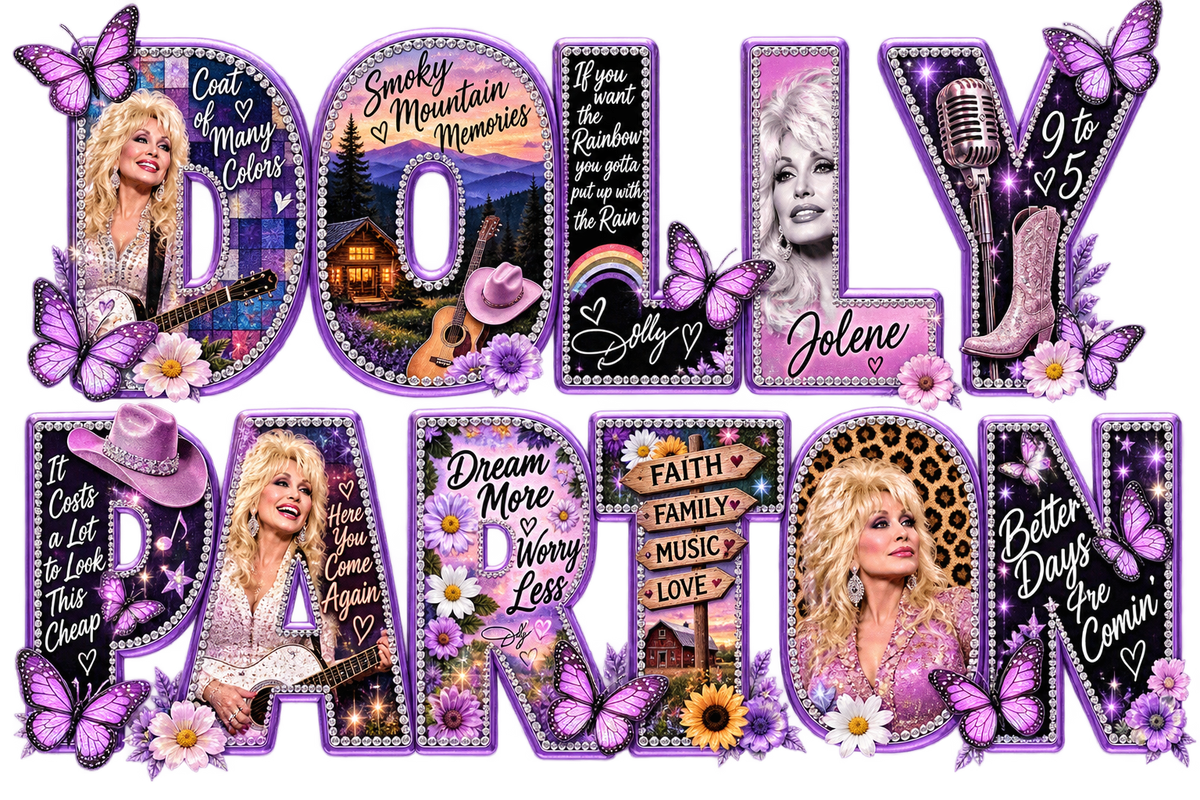 Dolly Parton Memorial Songs Lyrics DTF ready to press iron on transfer for clothing t-shirts and hoodies