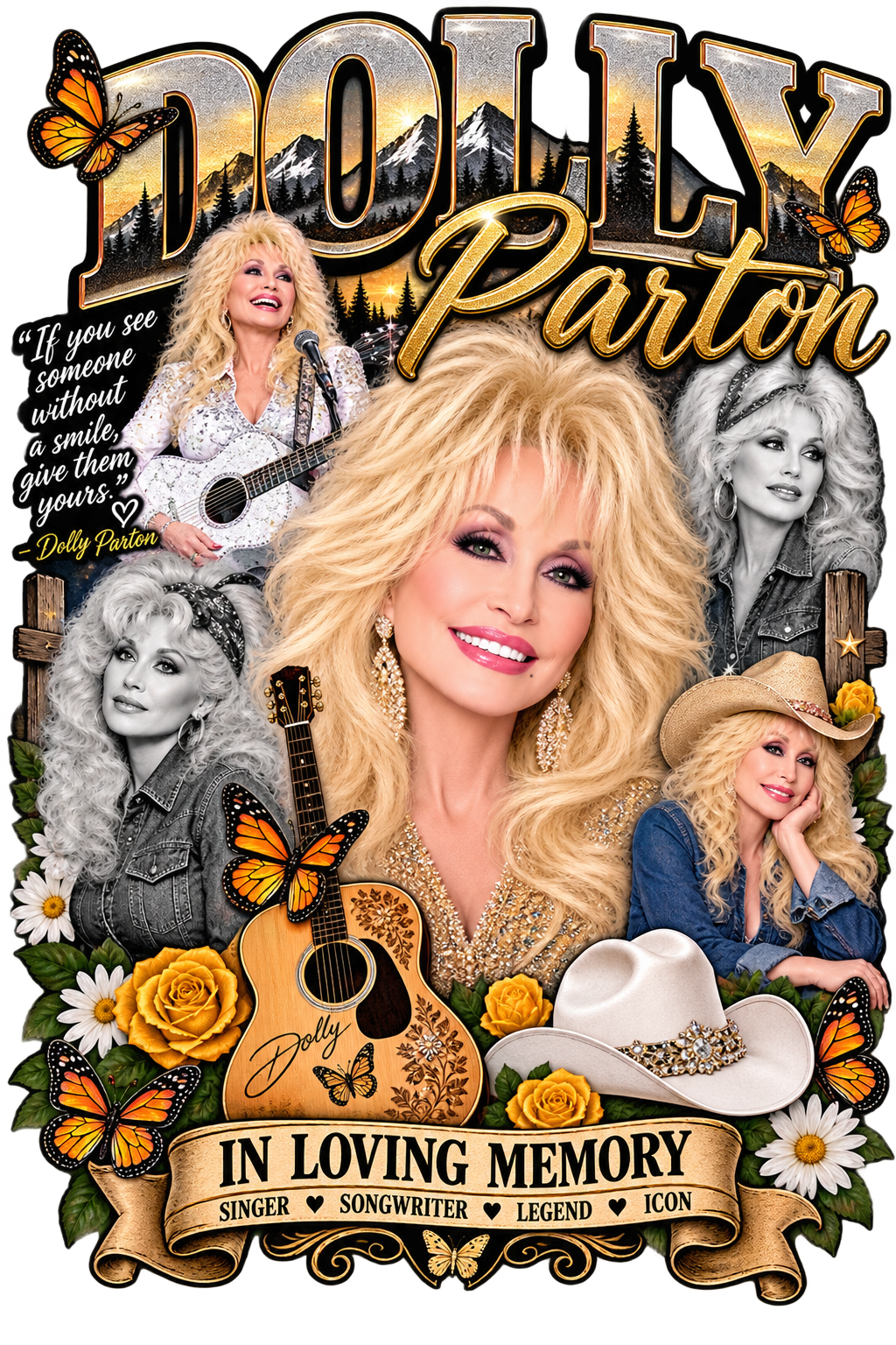 Dolly Parton Memorial DTF ready to press iron on transfer for clothing t-shirts and hoodies