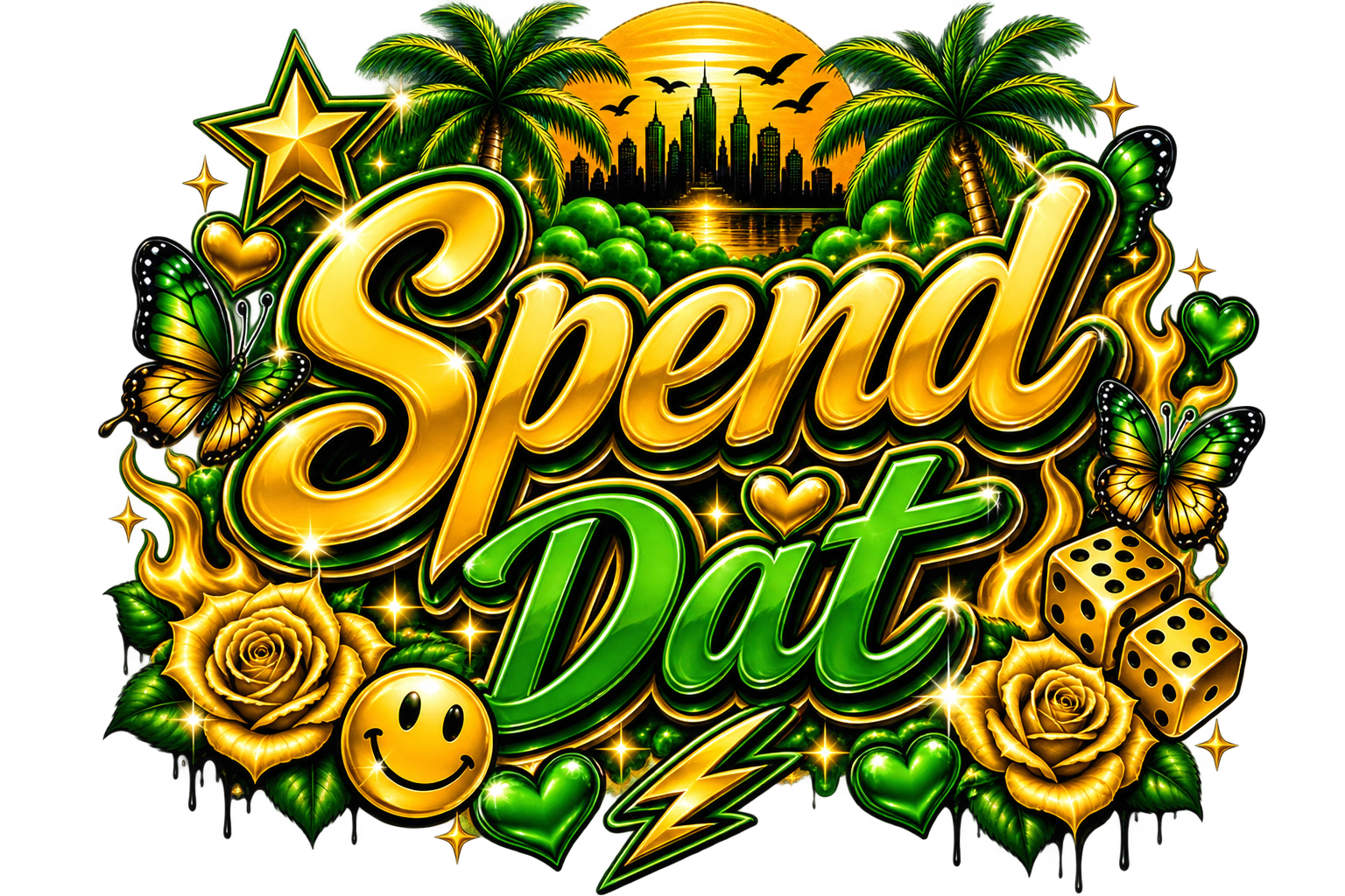 SPEND DAT green DTF ready to press iron on transfer for clothing t-shirts and hoodies