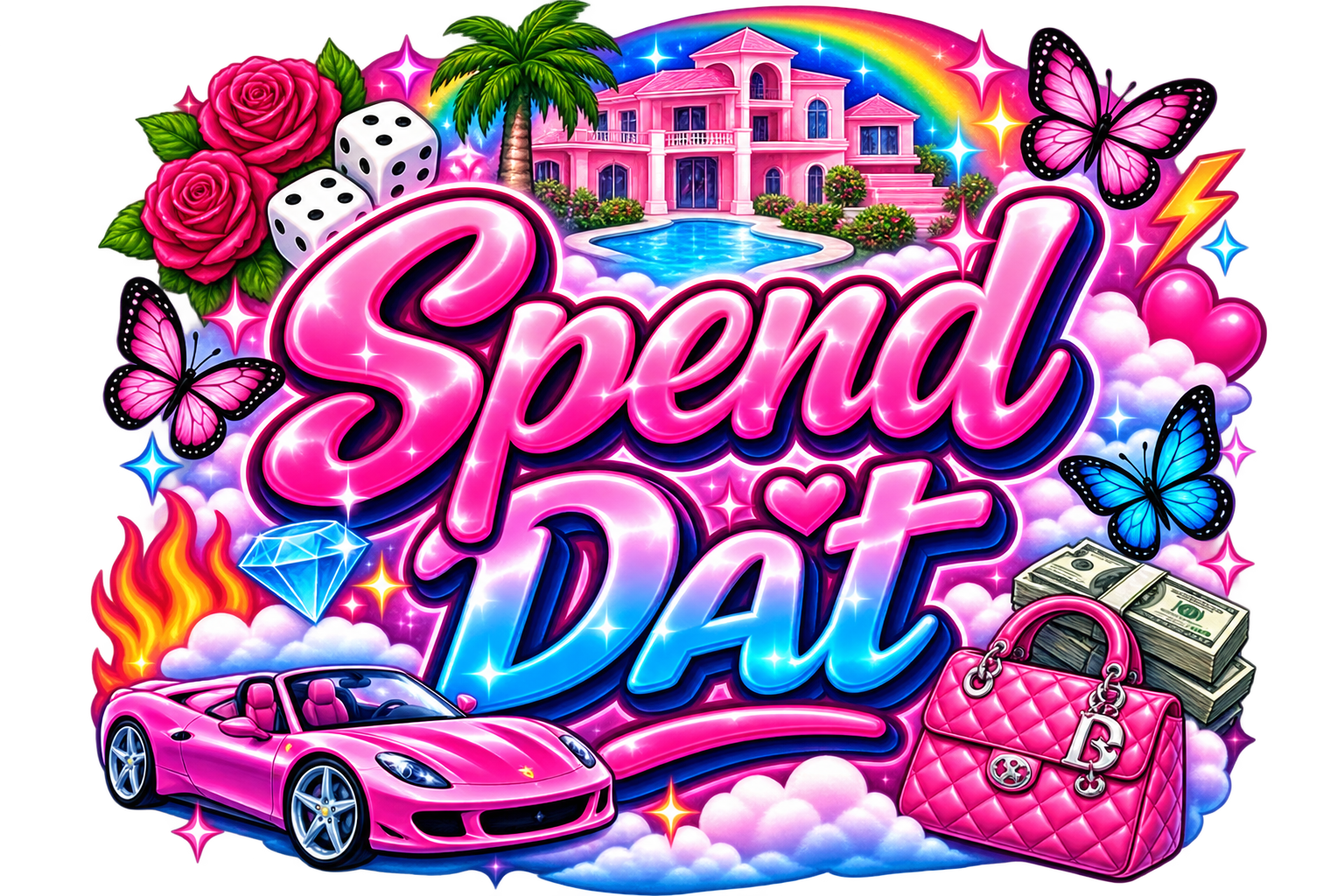 SPEND DAT pink dice DTF ready to press iron on transfer for clothing t-shirts and hoodies