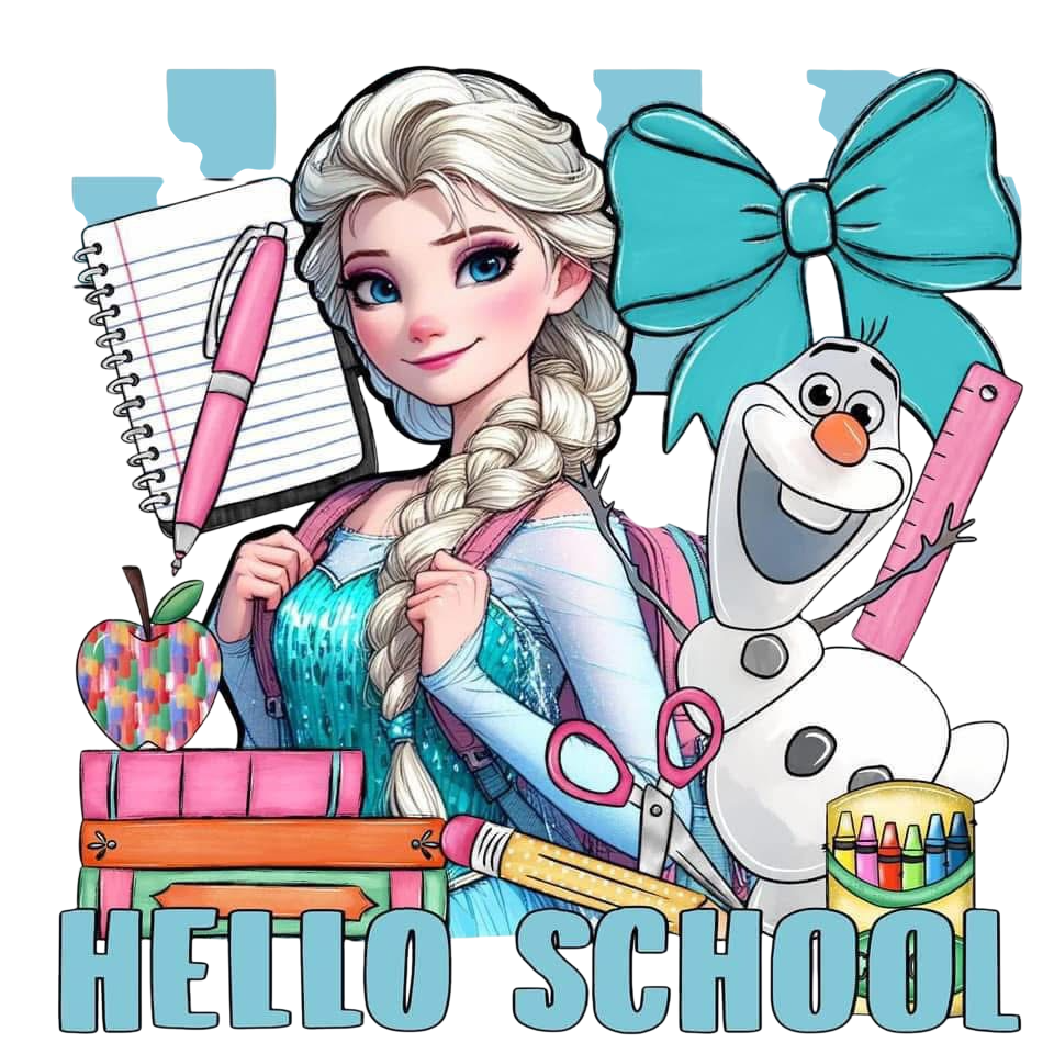 Elsa Frozen Hello School DTF ready to press iron on transfer for clothing t-shirts and hoodies