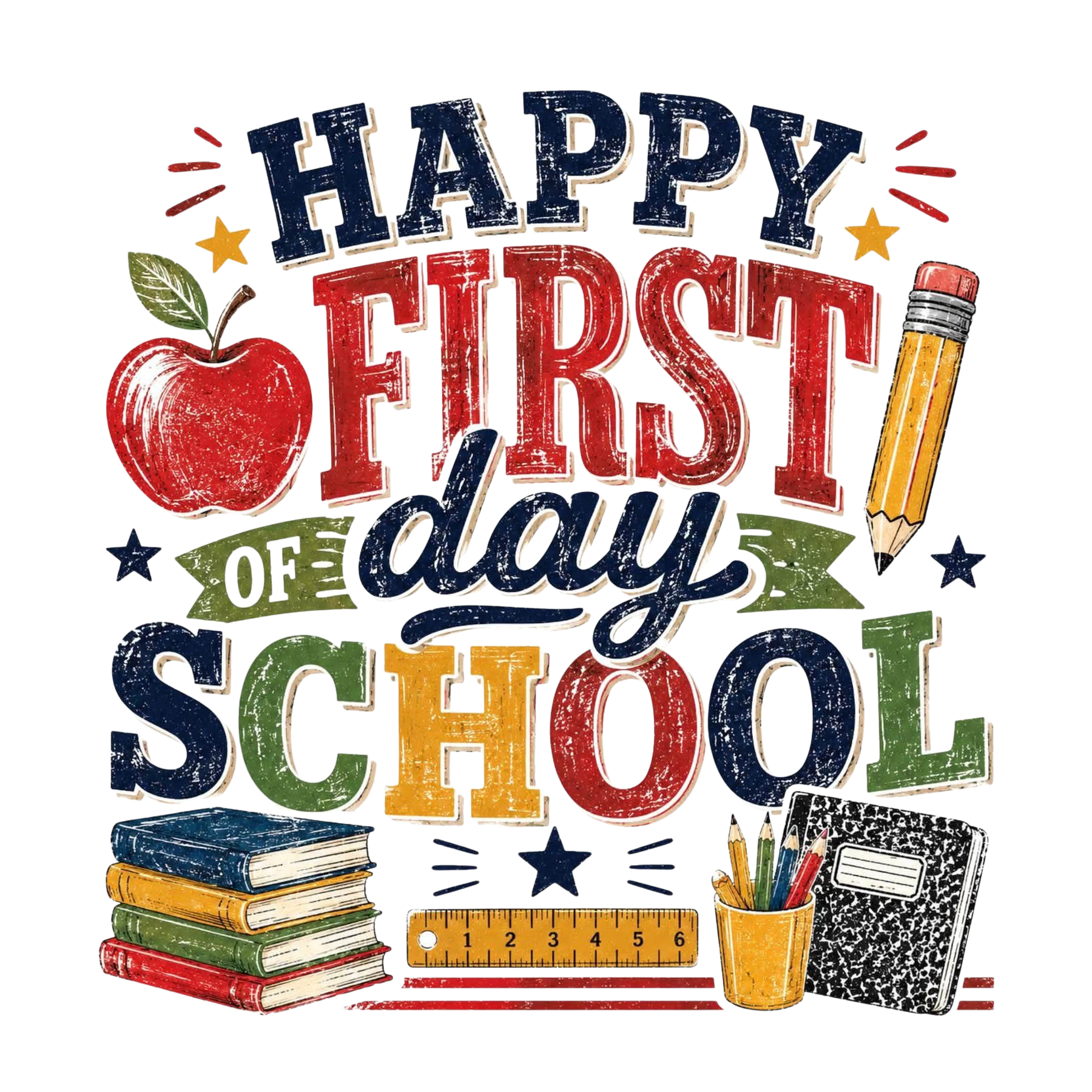 Happy First Day of School DTF ready to press iron on transfer for clothing t-shirts and hoodies