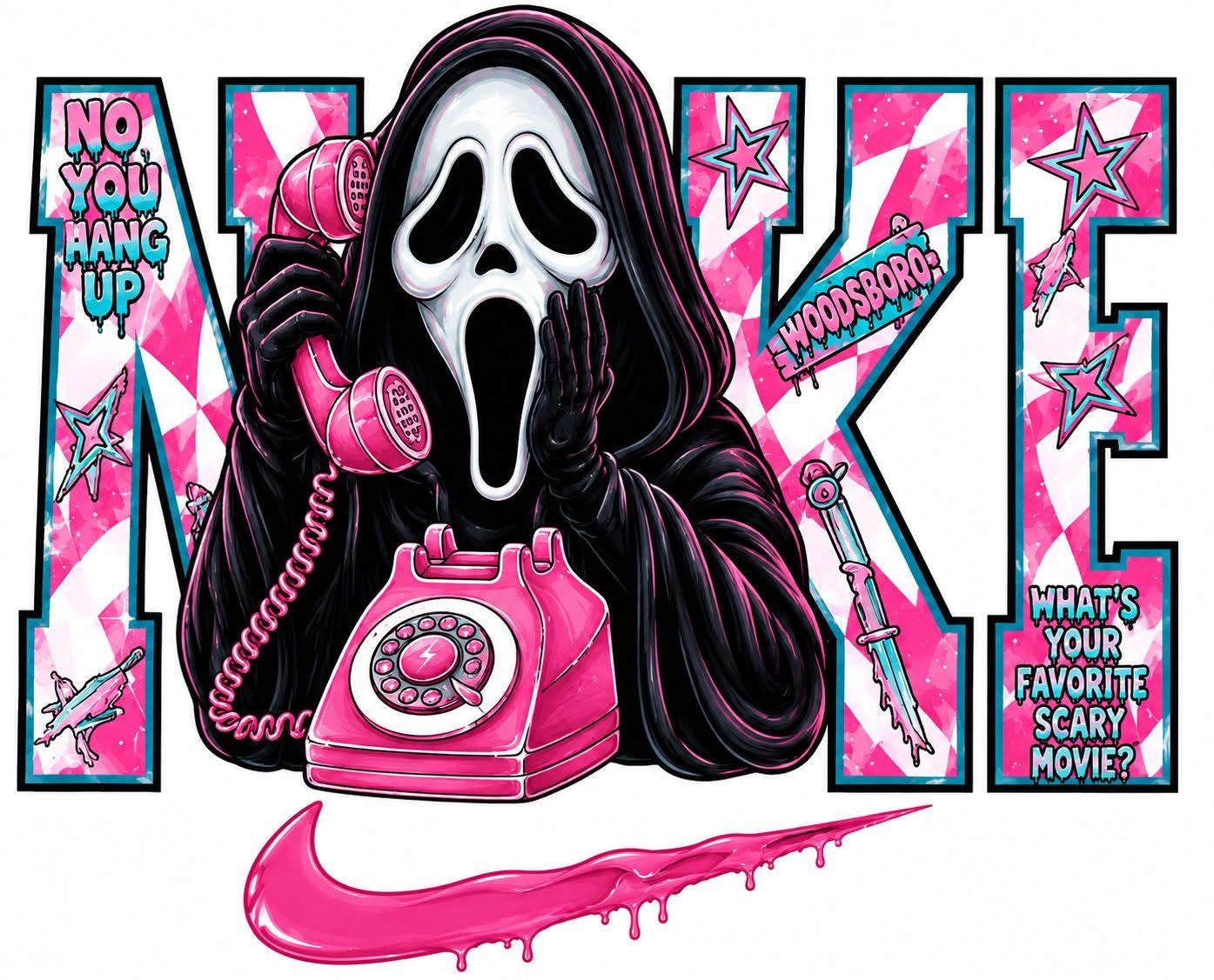 Halloween Scream Ghostface Nike DTF ready to press iron on transfer for clothing t-shirts and hoodies
