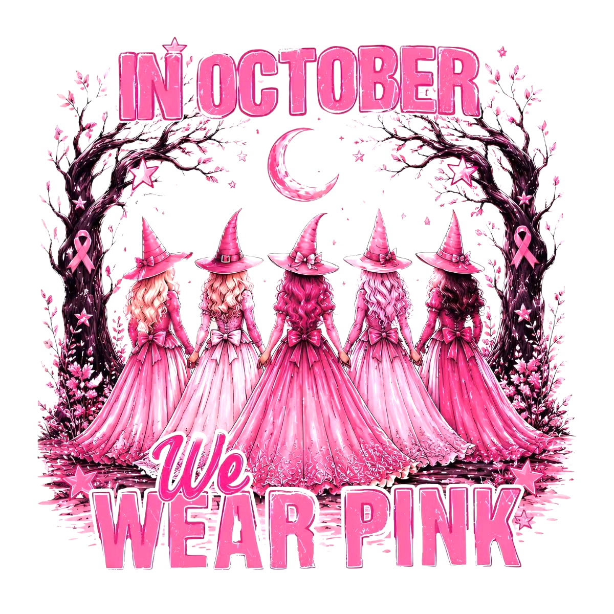 In October We Wear Pink Halloween Witch DTF ready to press iron on transfer for clothing t-shirts and hoodies