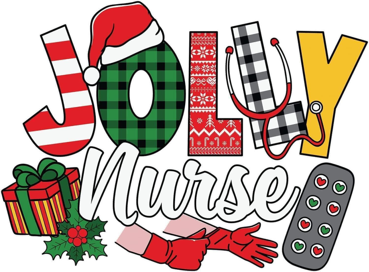 The Jolly Nurse Christmas Nurse DTF ready to press iron on transfer for clothing t-shirts and hoodies