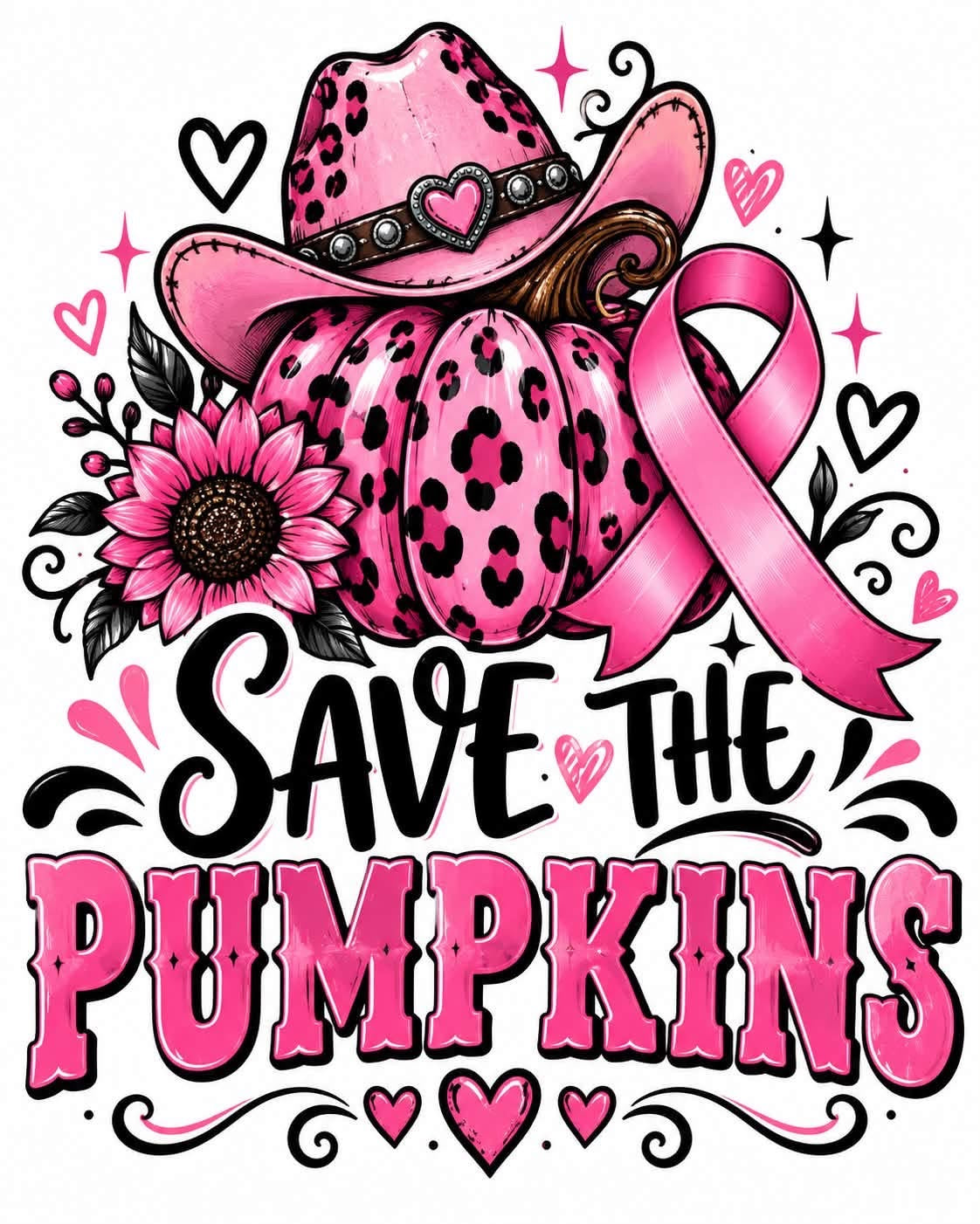 Pumpkins Pink Breast Cancer Awareness DTF ready to press iron on transfer for clothing t-shirts and hoodies