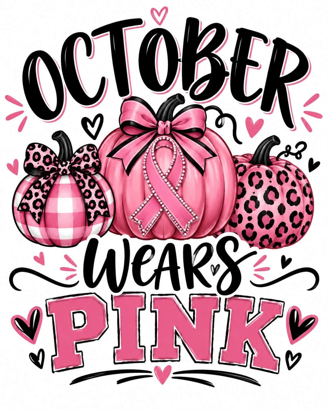 Pumpkins Pink Breast Cancer Awareness DTF ready to press iron on transfer for clothing t-shirts and hoodies