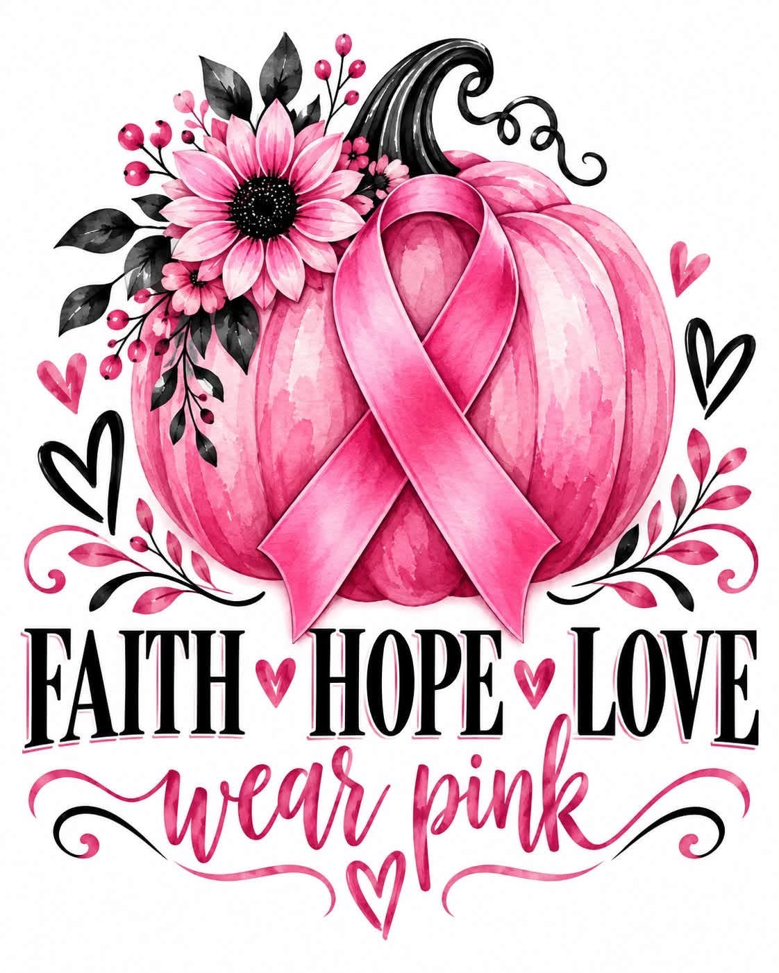 Pumpkins Pink Breast Cancer Awareness DTF ready to press iron on transfer for clothing t-shirts and hoodies