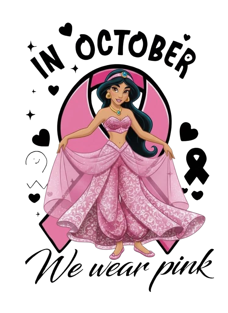 In October We Wear Pink Disney Princess Breast Cancer Awareness DTF ready to press iron on transfer for clothing t-shirts and hoodies