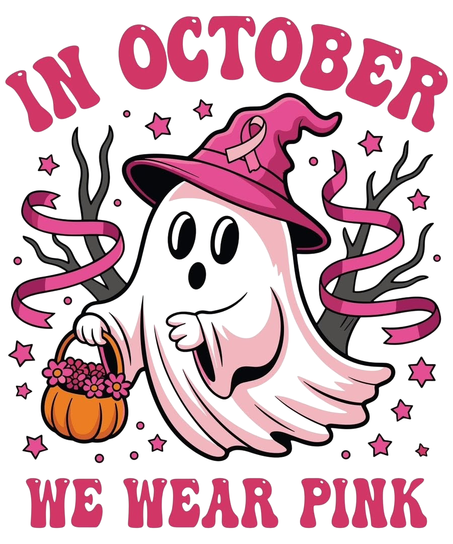 In October We Wear Pink Halloween Breast Cancer Awareness DTF ready to press iron on transfer for clothing t-shirts and hoodies