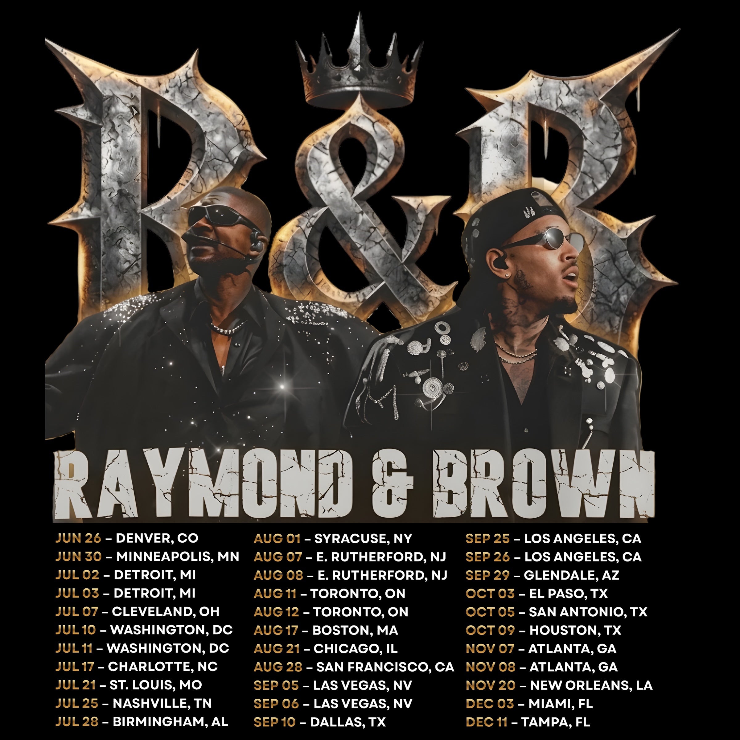 Chris Brown and Usher R&B Tour Dates in Gold concert DTF Ready to press iron on transfer for clothing t-shirts and hoodies