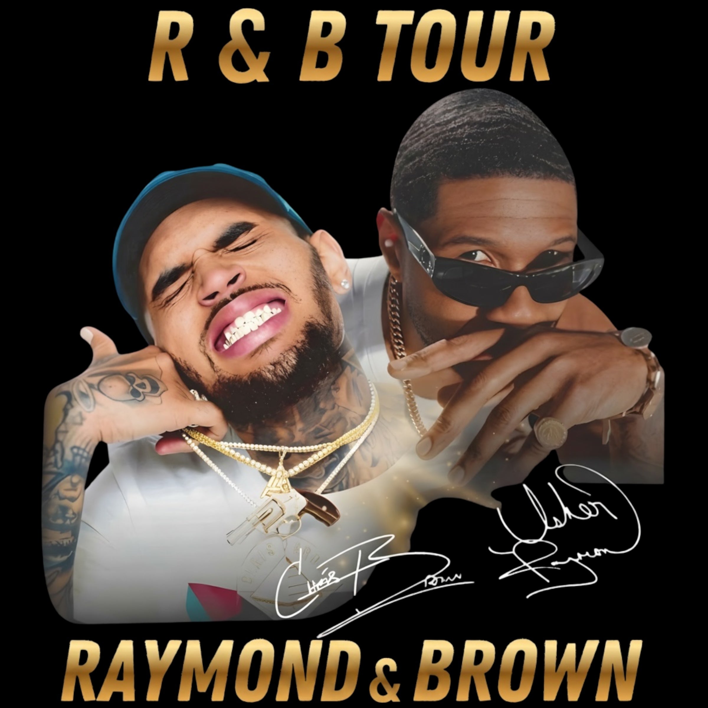 Chris Brown and Usher R&B Tour concert Gold DTF Ready to press iron on transfer for clothing t-shirts and hoodies concert ready