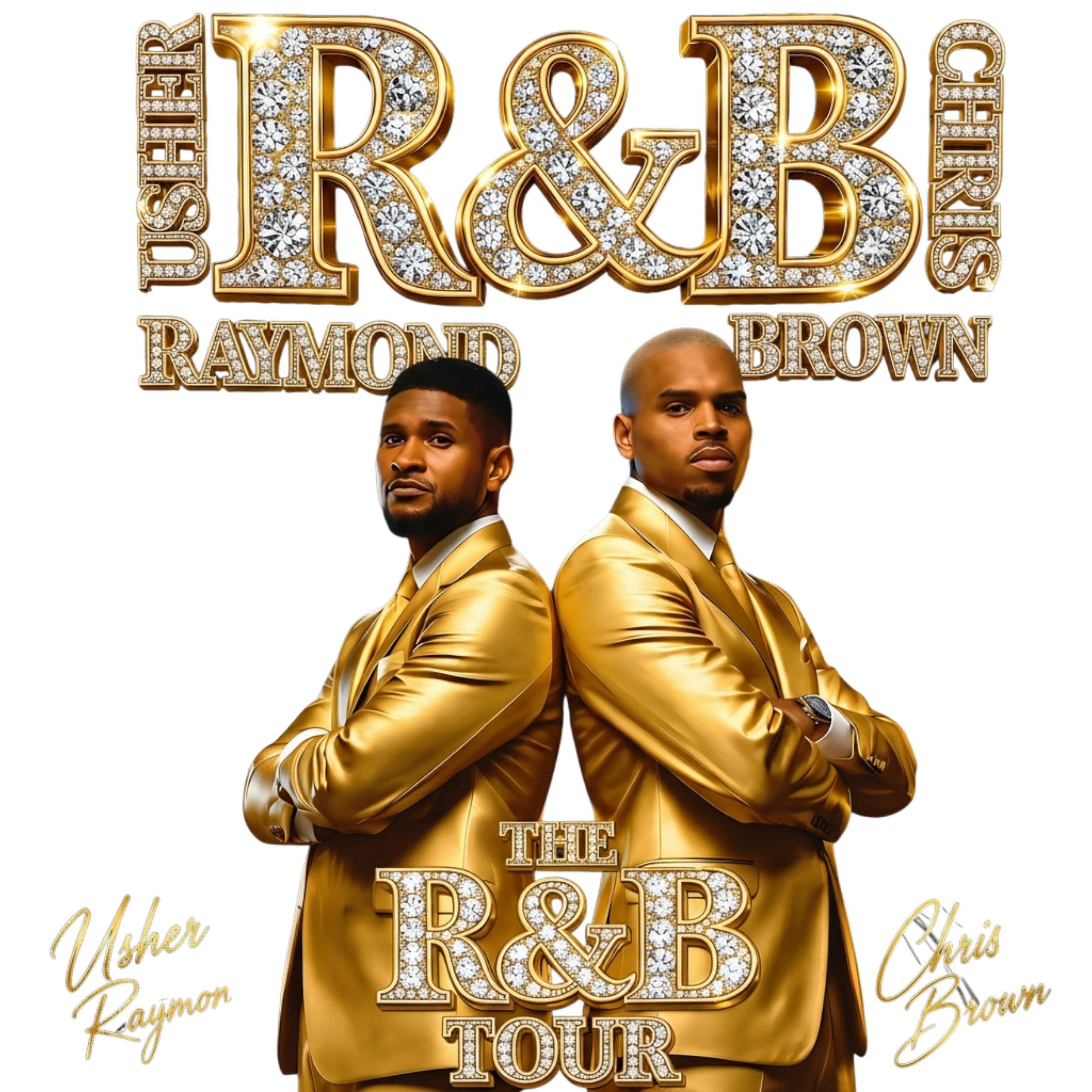 Chris Brown and Usher R&B Tour gold concert DTF Ready to press iron on transfer for clothing t-shirts and hoodies concert ready