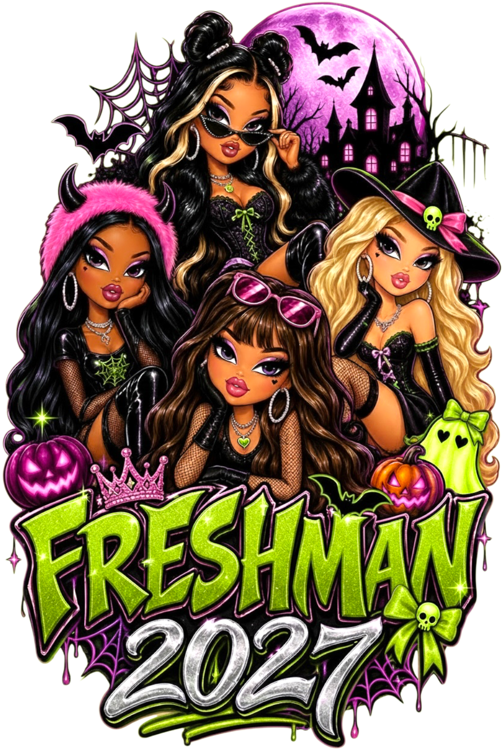 Freshman 2027 Bratz Green Halloween DTF ready to press iron on transfer for clothing t-shirts and hoodies