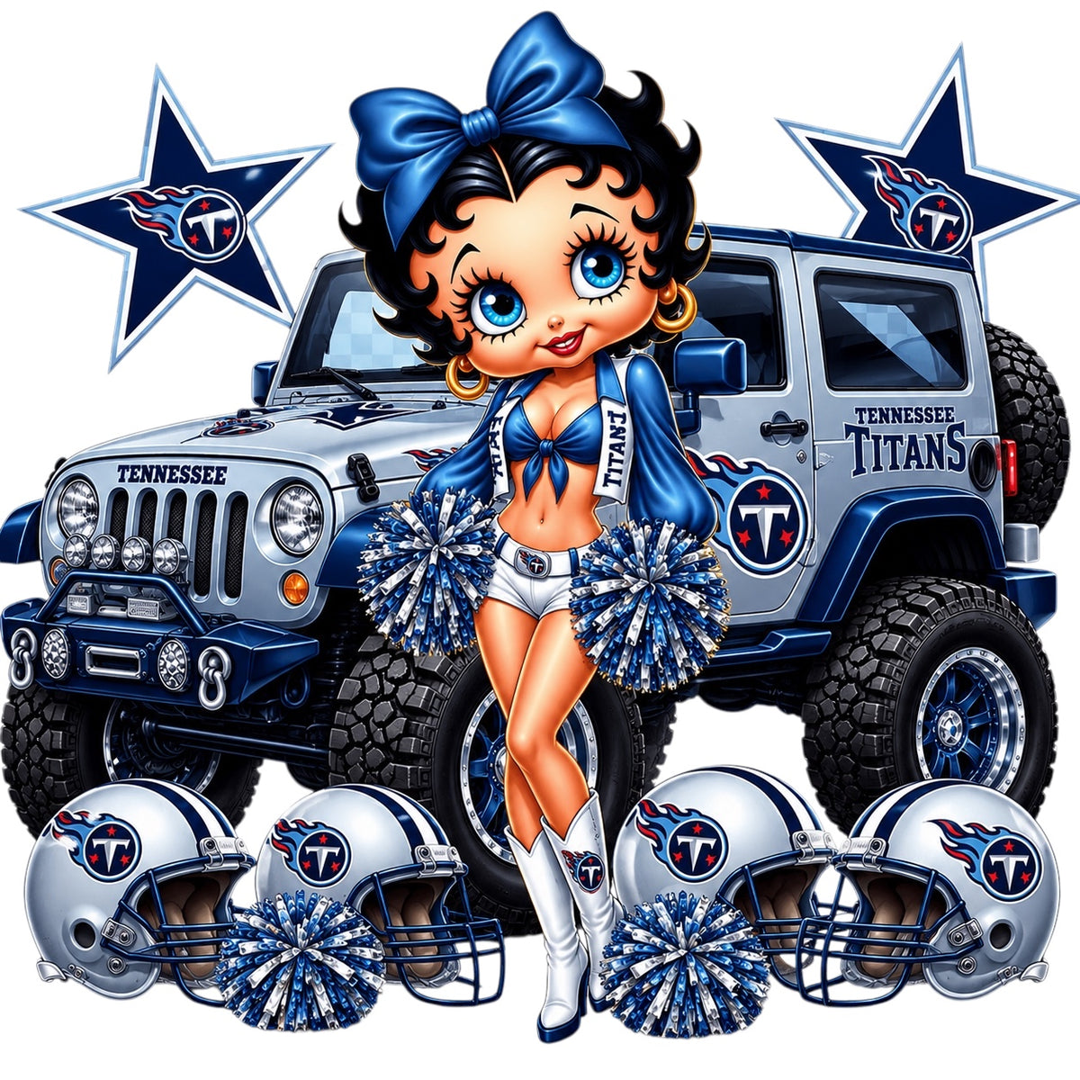 Tennessee Titans Football Cheerleader Betty Boop with Team Car DTF ready to press iron on transfer for clothing t-shirts and hoodies