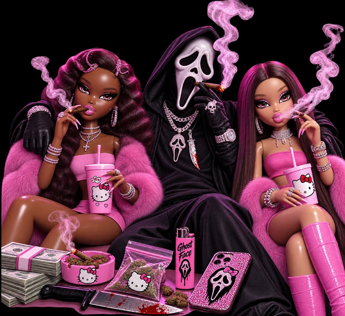 Barbie Bratz and Ghostface Killer Smoking Halloween DTF ready to press iron on transfer for clothing t-shirts and hoodies
