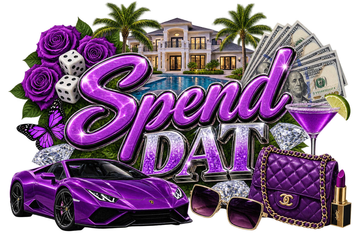SPEND DAT purple DTF ready to press iron on transfer for clothing t-shirts and hoodies