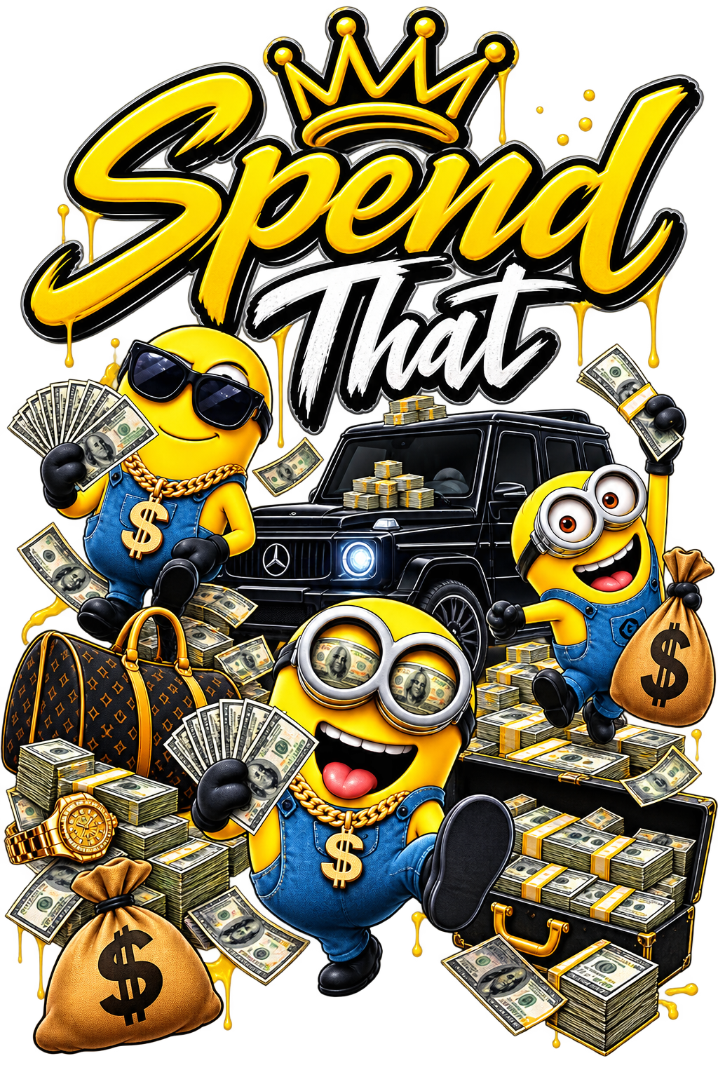 Spend That Minions DTF ready to press iron on transfer for clothing t-shirts and hoodies
