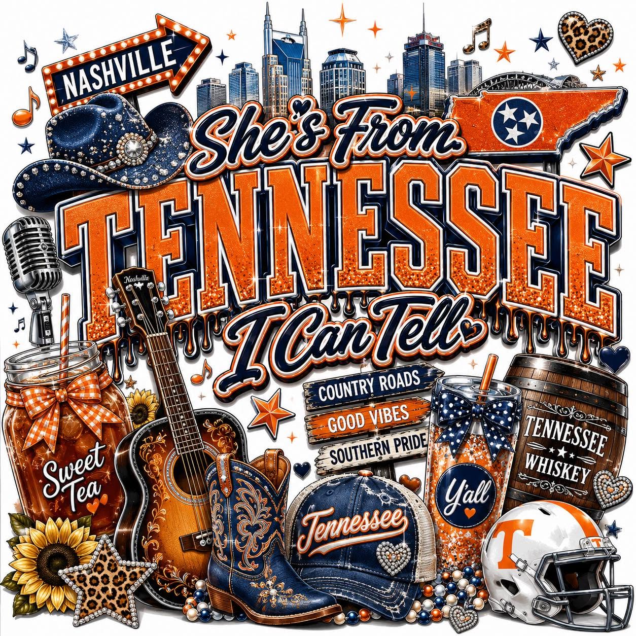 She's From Tennessee I can tell DTF ready to press iron on transfer for clothing t-shirts and hoodies