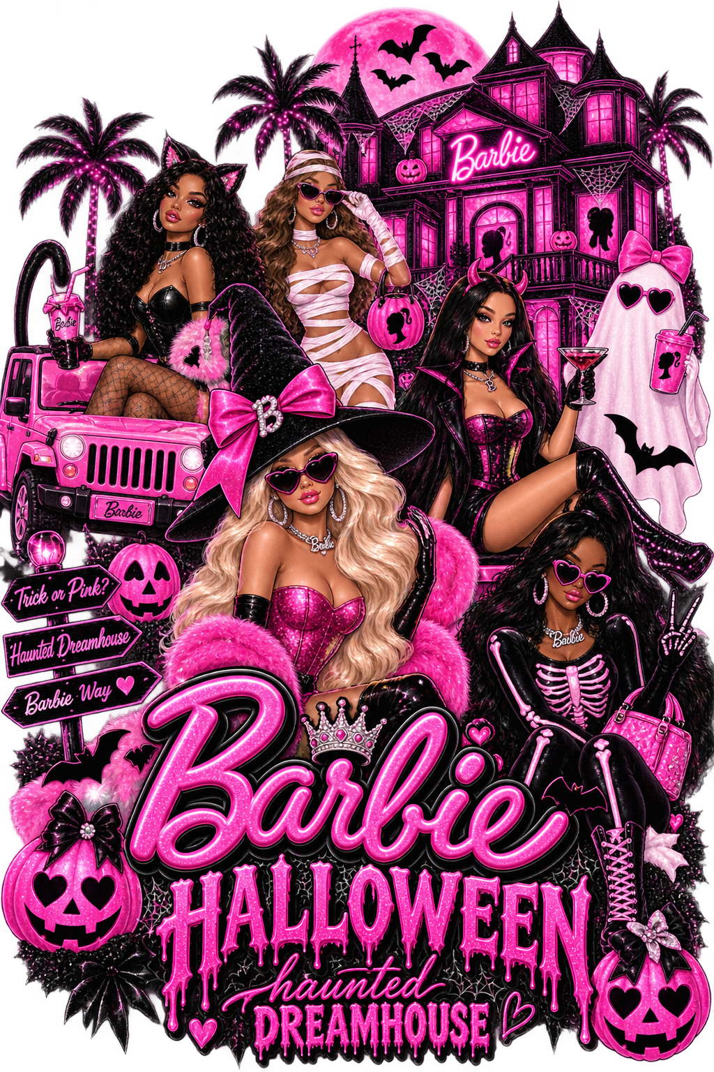 Barbie and Friends Halloween DTF ready to press iron on transfer for clothing t-shirts and hoodies