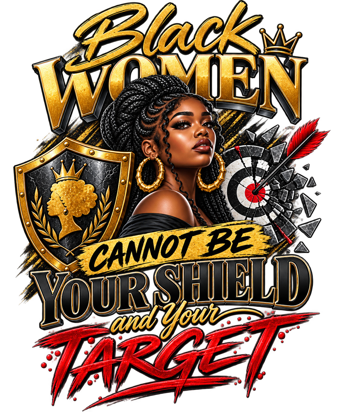 Black Women Cannot Be Your SHIELD AND your TARGET DTF ready to press iron on transfer for clothing t-shirts and hoodies