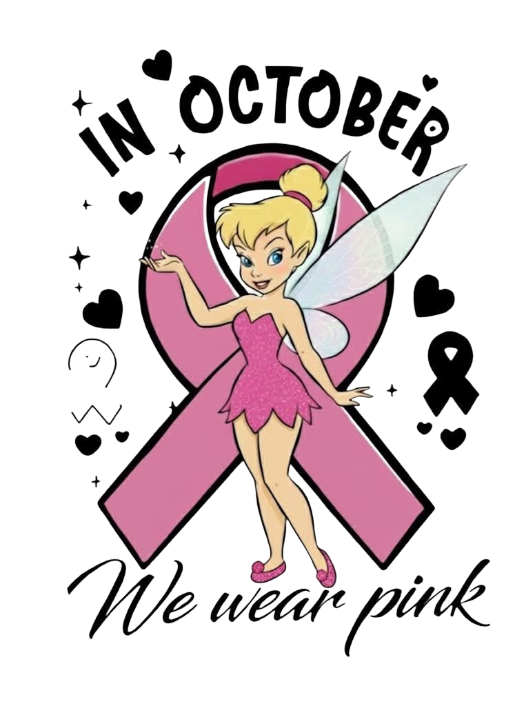 In October We Wear Pink Breast Cancer Awareness Tinker Bell DTF ready to press iron on transfer for clothing t-shirts and hoodies